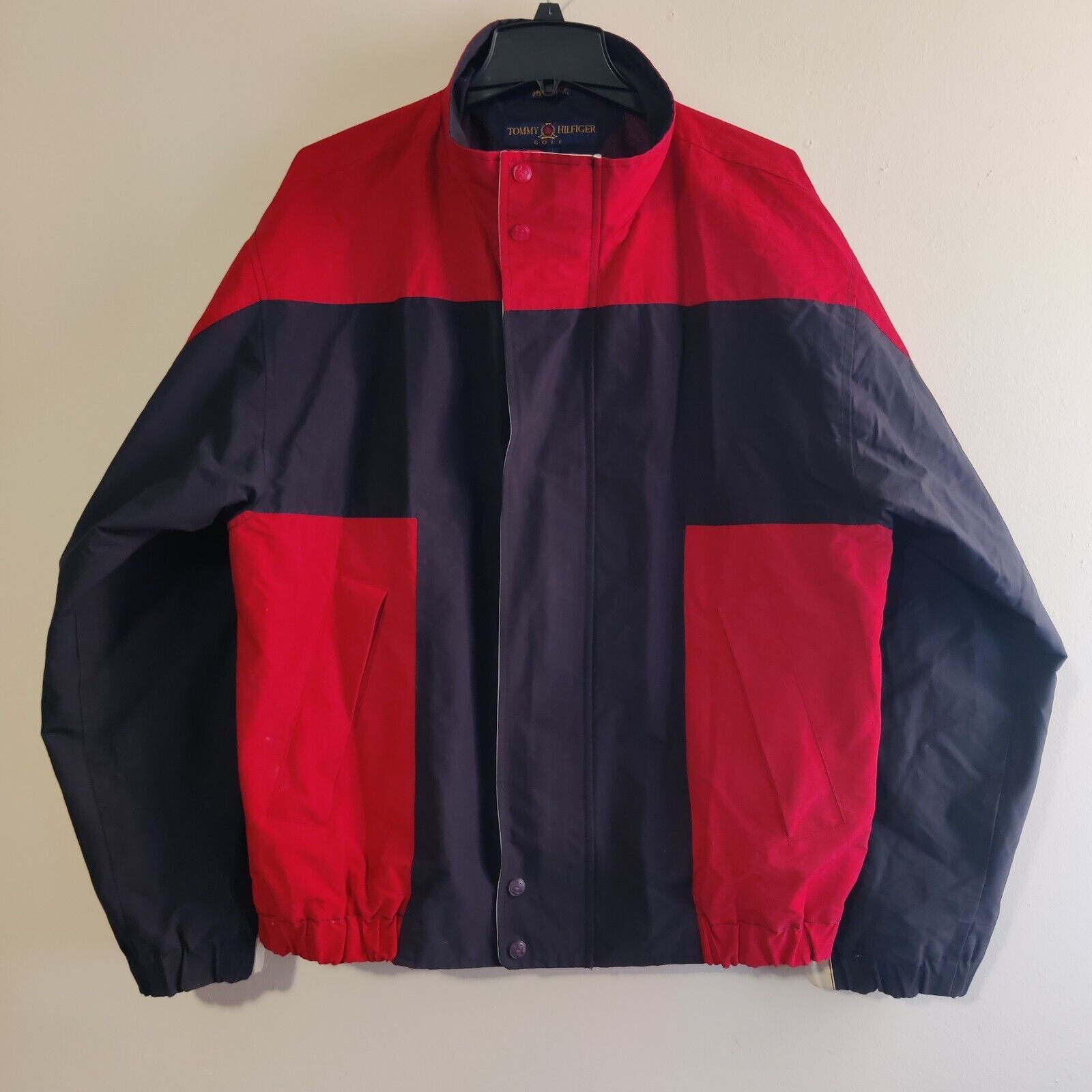 Vtg 1990s Tommy Hilfiger Jacket Windbreaker Mens L Yellowish White / Red / Blue